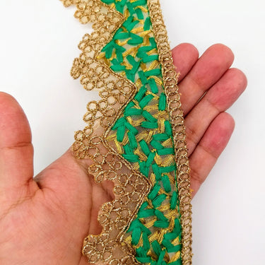 Gold Sheer Tissue Fabric Cutwork Trim with Embroidery in Gold and Green, Scallop Trim, Fringe Trim